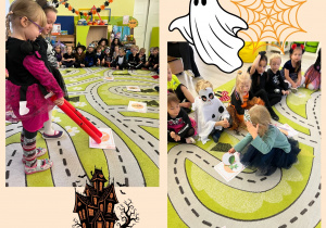 Dzieci biorą udział w zabawach halloweenowych