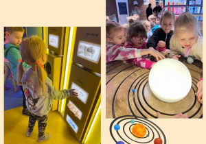 Dzieci oglądają eksponaty i grają